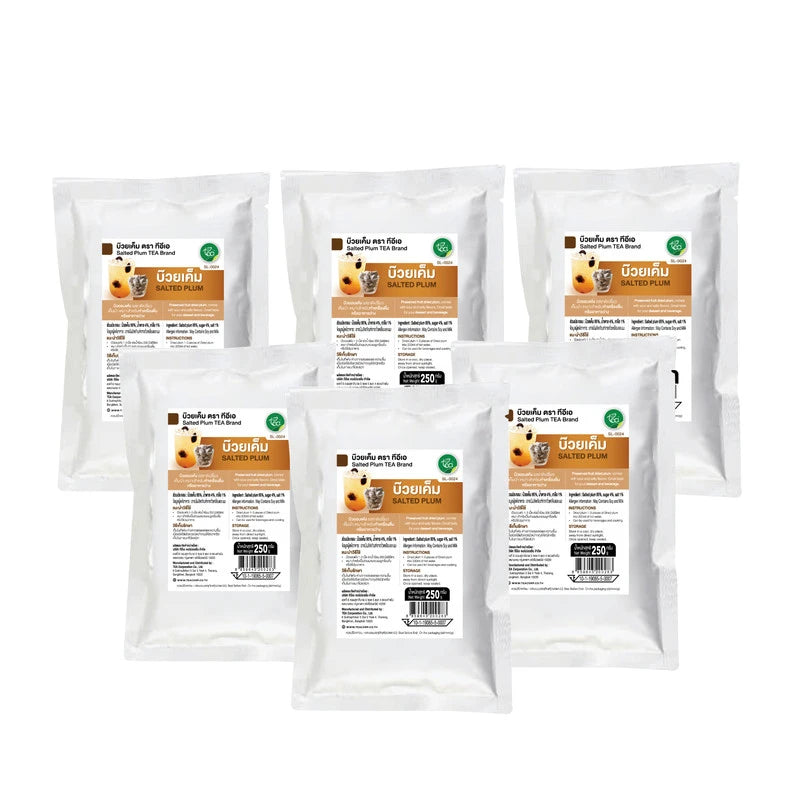 Six 250g bags of TEA Salted Dried Plum, showing the packaging with dried plum snacks inside.