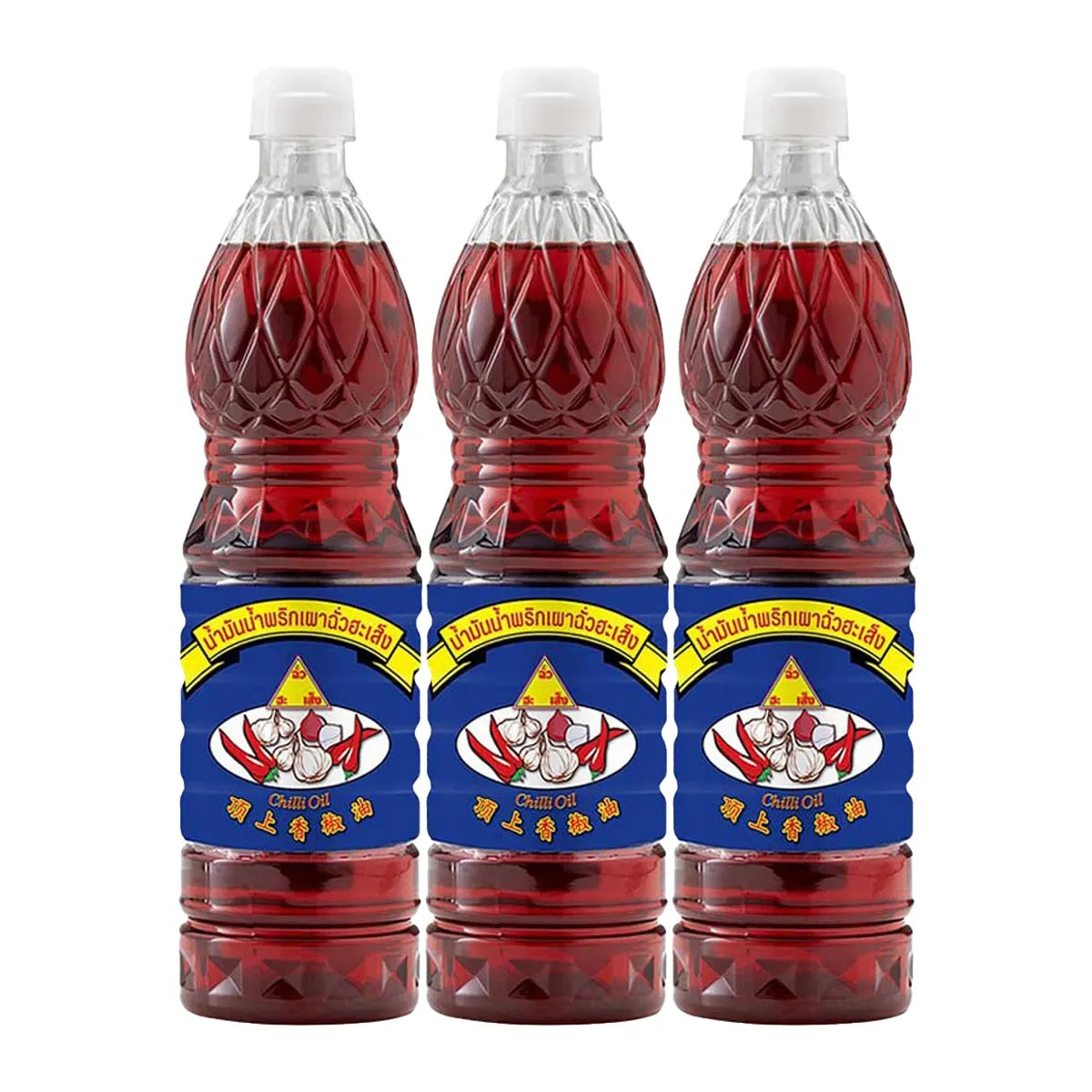 Chua Hah Seng chili paste oil bottle, 720ml, with three jars shown, featuring spicy chili-infused cooking oil in clear containers.