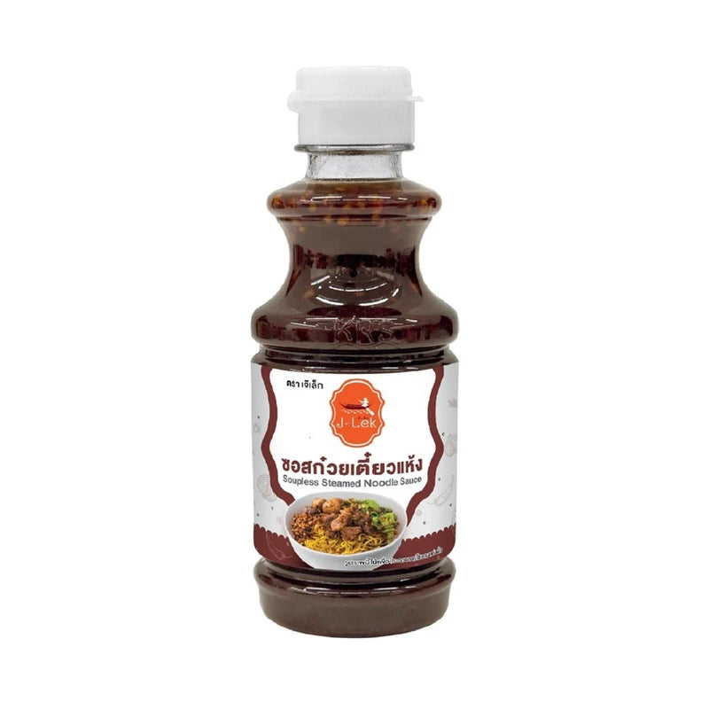 J-LEK Dry Noodle Sauce in a 235g plastic bottle, thick dark sauce with visible seasoning and herbs for flavorful noodles.