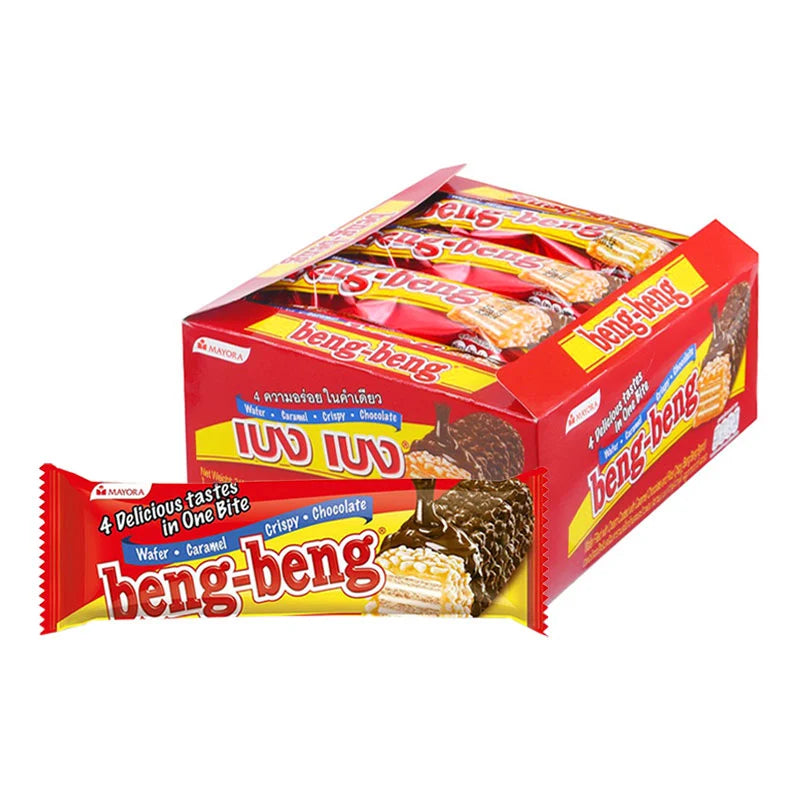BENG BENG Beng Beng wafer with chocolate filling, 22g snack, shown in packaging with multiple wafers stacked.
