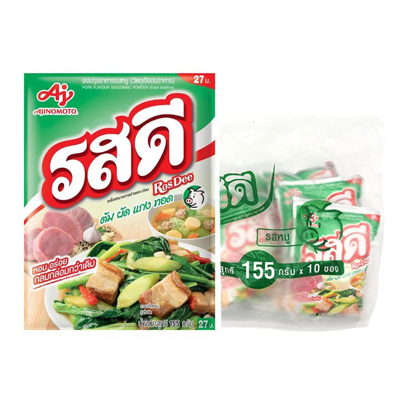 ROSDEE Pork Seasoning Powder 155g pack, featuring a close-up of the spice powder in a jar with label and seasoning details.