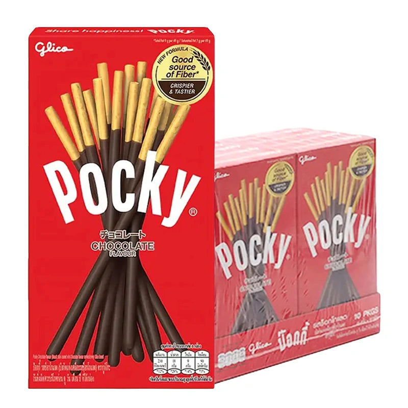 Assorted POCKY chocolate-coated biscuit sticks in a package, showing crunchy biscuit and smooth chocolate coating