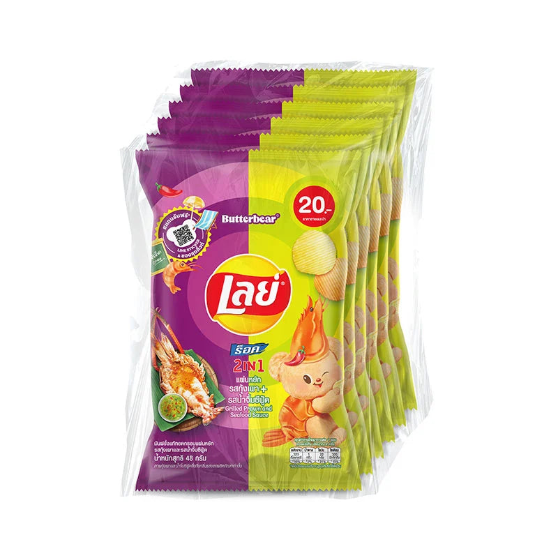Lay's Rock Potato Chips 2-in-1 grilled prawn and seafood sauce flavor, 48g bag, with colorful packaging and chips inside.