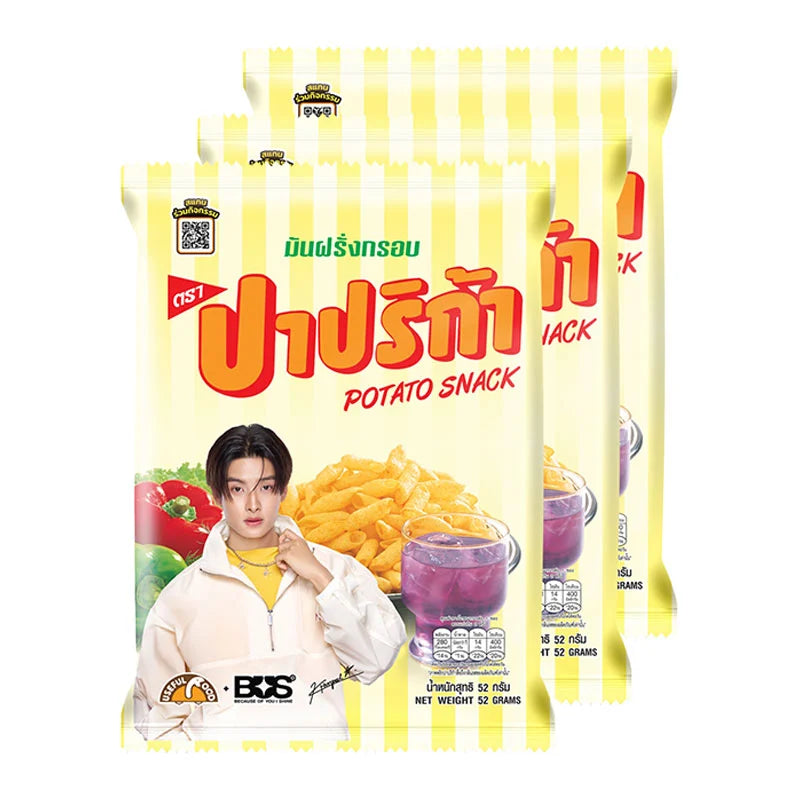 PAPRIKA Potato Extrude Snack 52g pack showing crispy, seasoned potato snack sticks in colorful packaging.