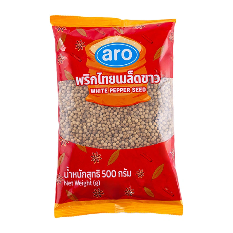 ARO White Pepper Seeds 500g package, showing small white peppercorns in a clear container, ideal for seasoning dishes.