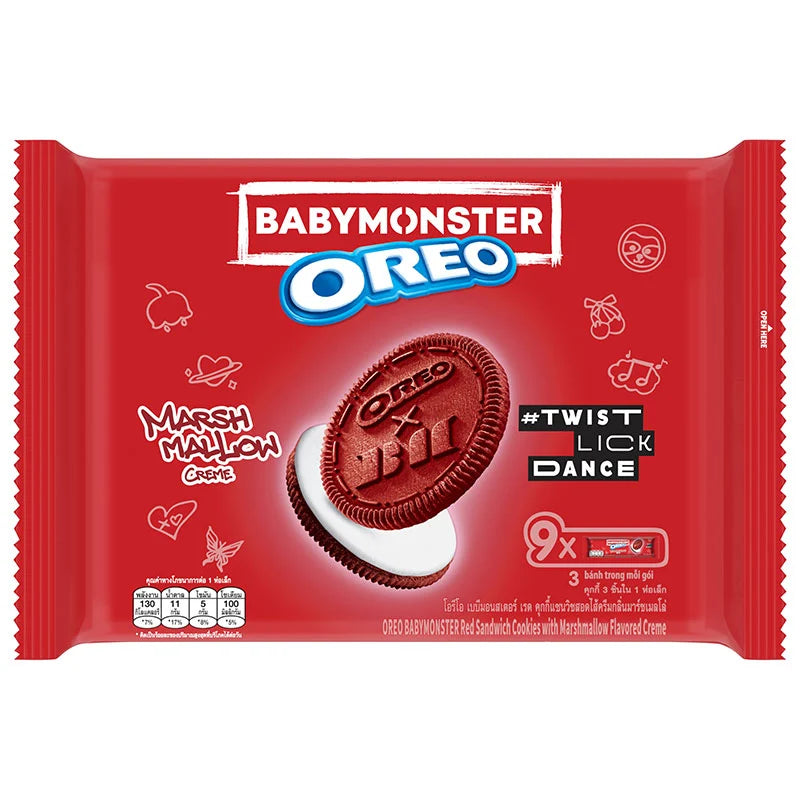 OREO Babymonster red sandwich cookies with marshmallow-flavored creme, 9-pack of 27.6g each, showing cookies with cream filling