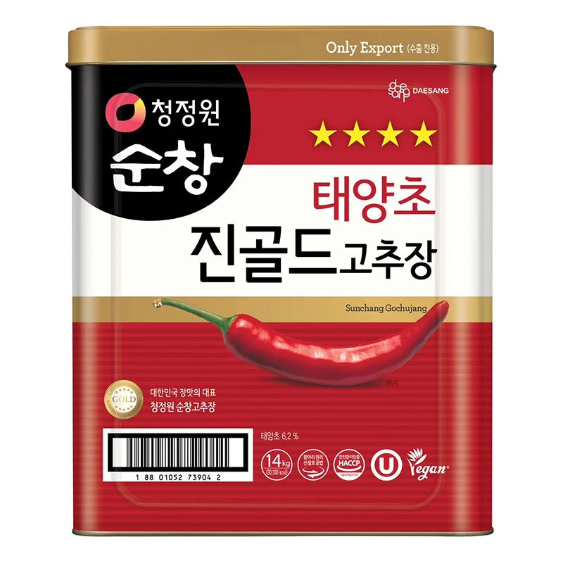 Chungjungone Gochujang Gold 14kg jar showing red spicy Korean chili paste with gold label and lid.