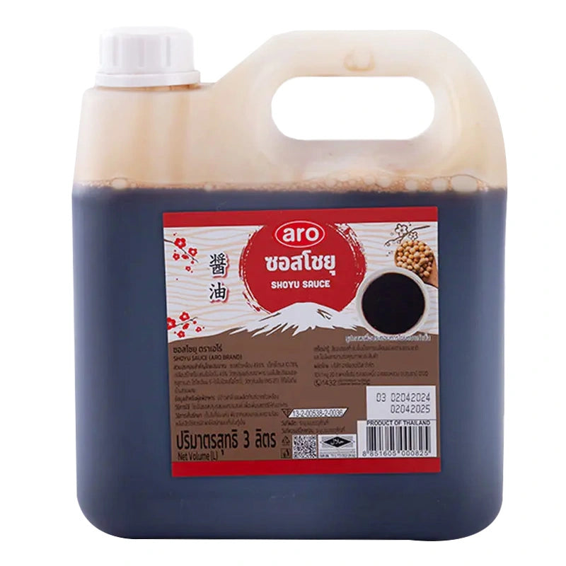 ARO Shoyu Soy Sauce 3L bottle, dark liquid condiment for cooking and seasoning, with a clear label and cap.