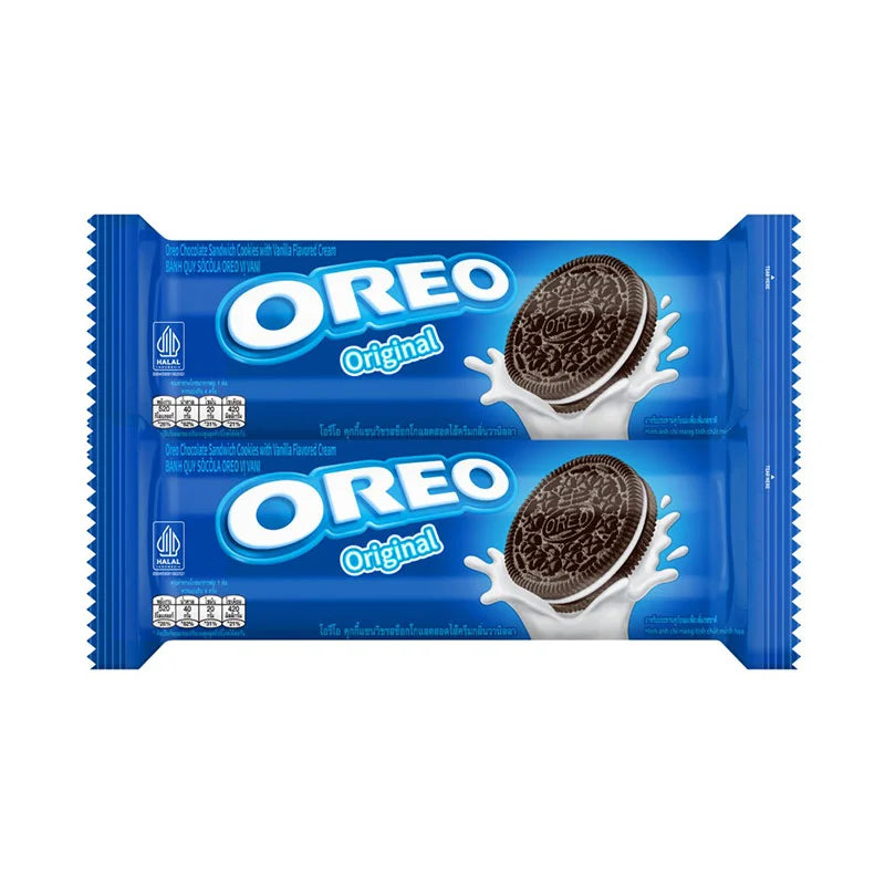 Two packs of Oreo Sandwich Cookies 110.4g each, featuring the classic chocolate cookies with creamy filling, stacked on a plain background.