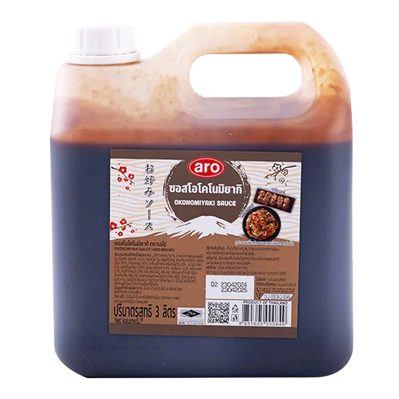 Bottle of ARO Okonomi Sauce 3L with white label and red cap, featuring Japanese-style sauce branding and ingredients on the label.