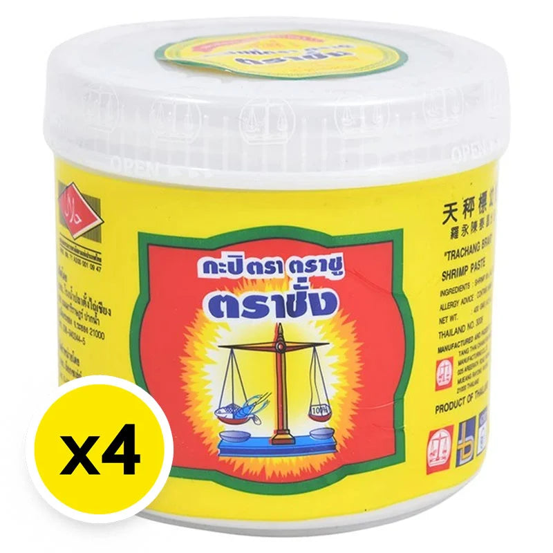 Tra Chang Brand shrimp paste in 400g containers, shown in a set of four jars with labels and seafood ingredients.