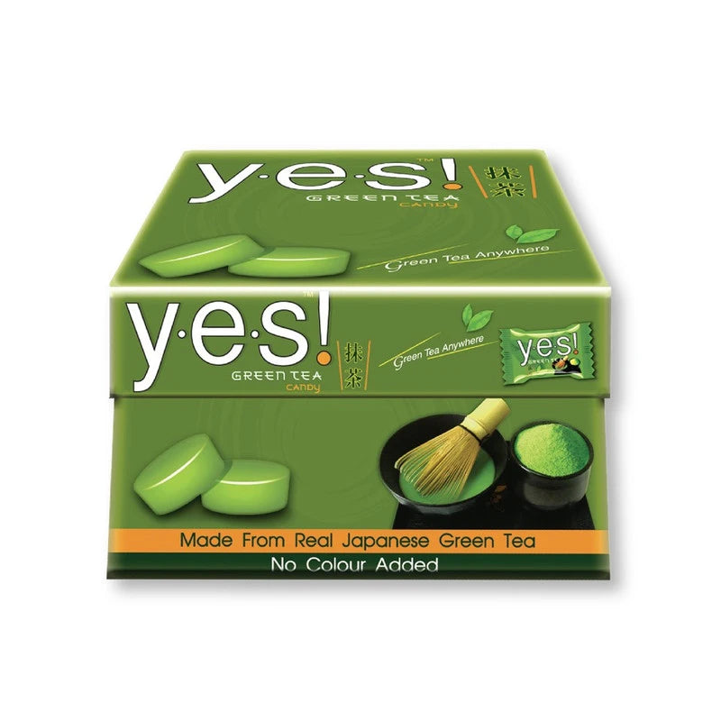 YES! Candy Green Tea flavor, 79.2g, featuring colorful green tea-themed packaging with bright green and yellow design elements.