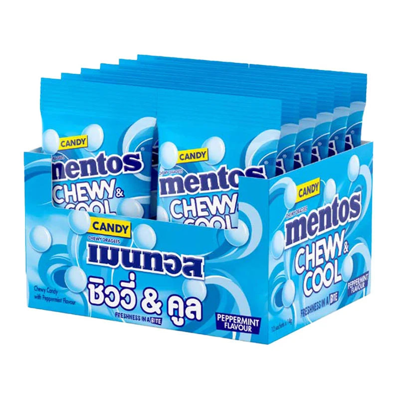 Mentors Chewycool peppermint candies in 14g packs, showing 12 pieces with bright packaging and mint-flavored candies inside.