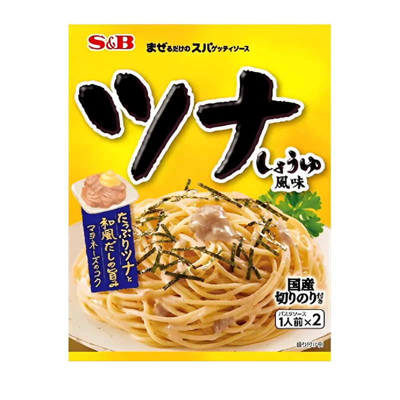 S&B Nama Fumi Tuna Shoyu spaghetti sauce with seaweed topping in six sachets, showcasing the sauce and seaweed garnish.