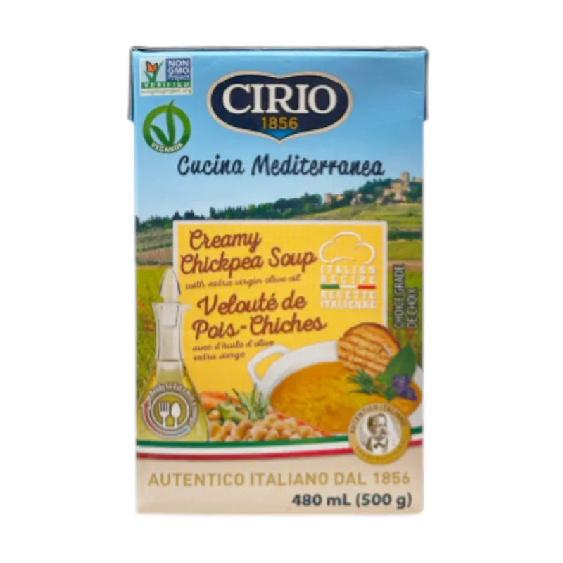 Cirio creamy tomato soup with borlotti beans and chickpeas in a 500g ready-to-eat container, showcasing the soup with beans and chickpeas.