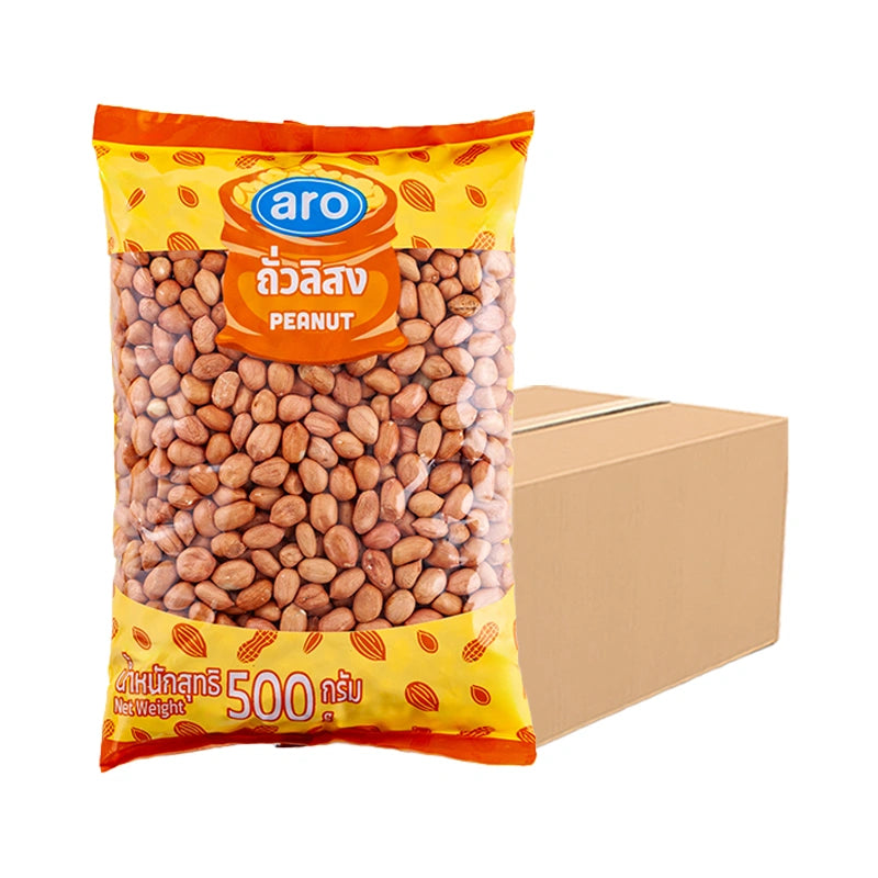 Aro Peanut 500g pack, stacked in six, showing the clear label and fresh, roasted peanuts inside the transparent packaging.
