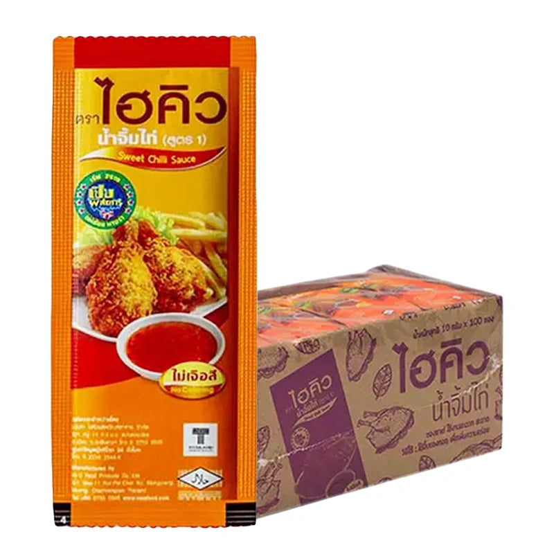 HI-Q Chicken Sauce sachets, 10g each, showing a stack of 100 individually wrapped sauce packets for flavoring dishes.