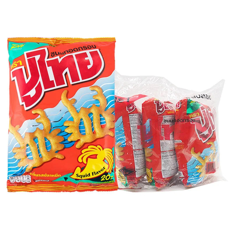 PU THAI crispy snack squid flavor in 55g packs, shown in three colorful bags with a crunchy texture and squid design.