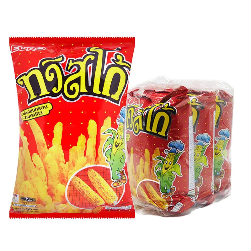 TWISTKO BBQ Corn Snack 68g pack, crispy corn chips with smoky barbecue flavor, stacked in a row.