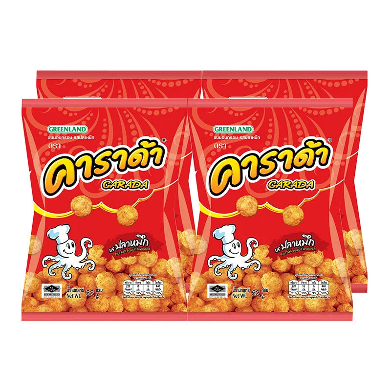Carada Crispy Snack Squid Flavor 52g package, showing the colorful packaging and product details for this snack.
