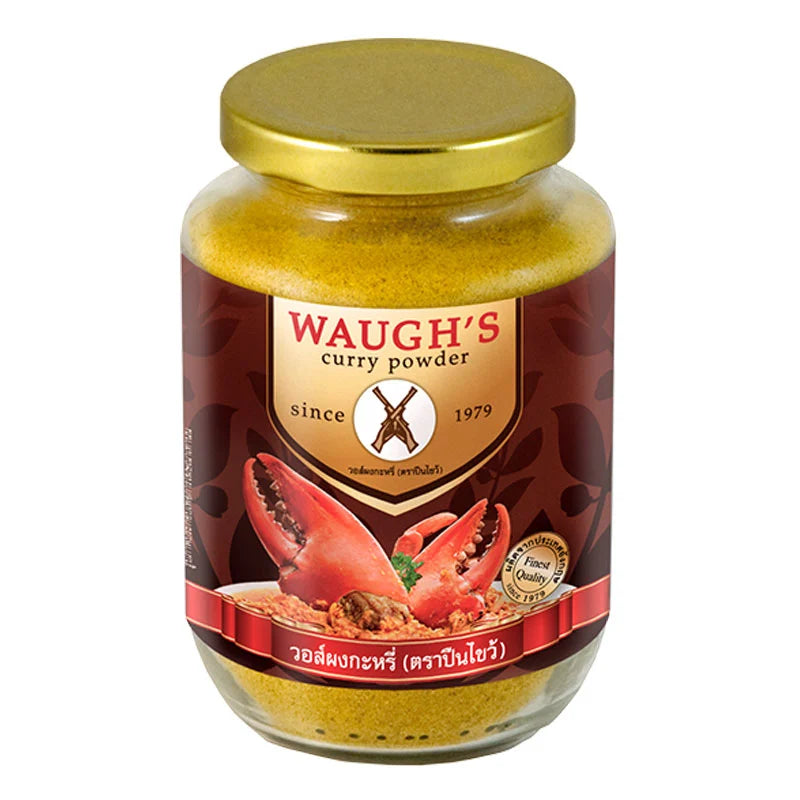 Waugh's Curry Powder 200g jar showing vibrant yellow spice blend with a labeled container and spice scoop inside.