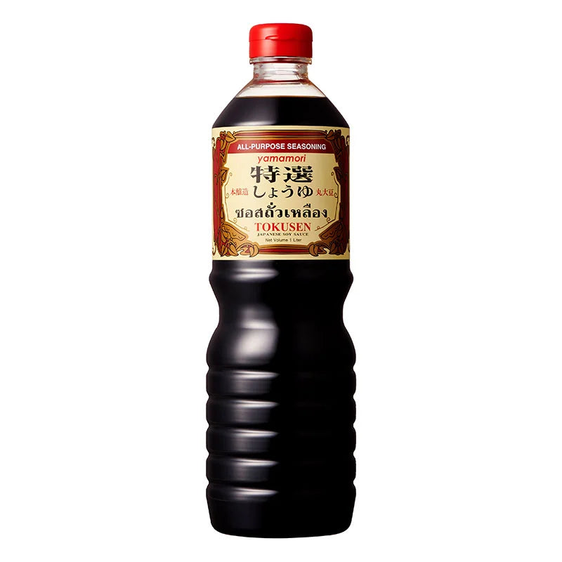 YAMAMORI Shoyu Special Tokusen Soy Sauce 1L bottle with dark liquid and label, traditional Japanese soy sauce for culinary use