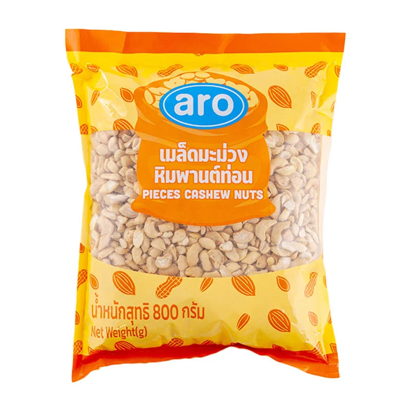 A close-up of ARO Cashew Nuts in an 800g bag, showing whole, roasted cashews with their light golden color and smooth texture.