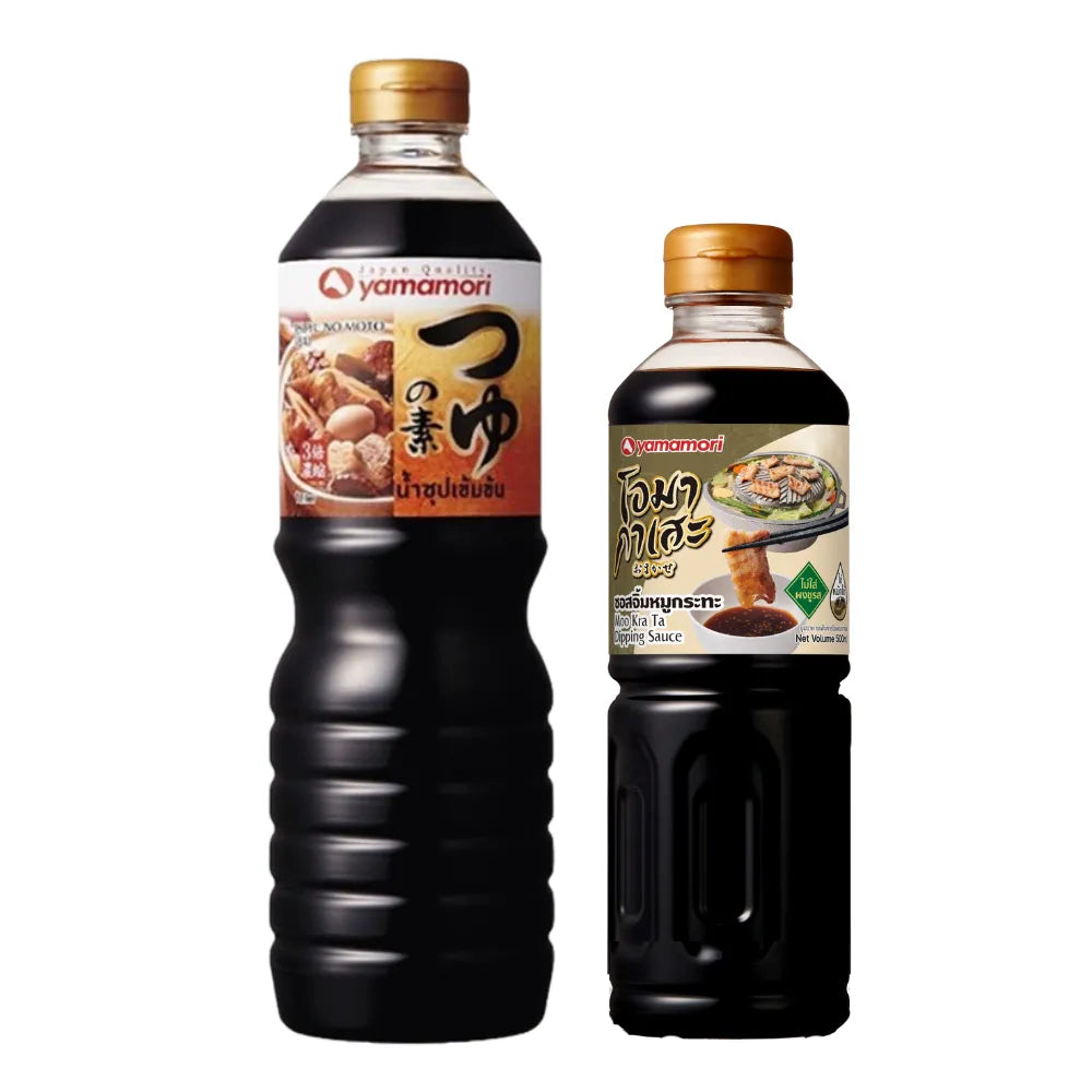 YAMAMORI concentrated oden soup in a 1-liter bottle, showcasing the dark, rich liquid for traditional Japanese oden dishes.