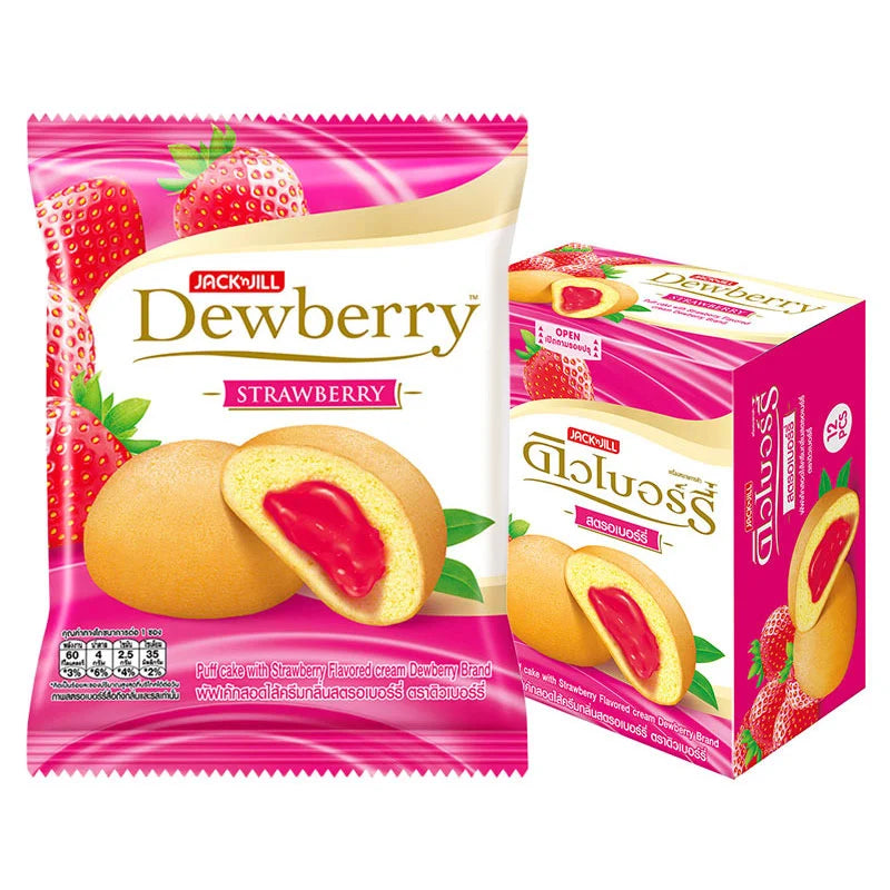 DEWBERRY Strawberry Puff Cake 15g, pack of 12, showing the individually wrapped strawberry-flavored snack with colorful packaging.