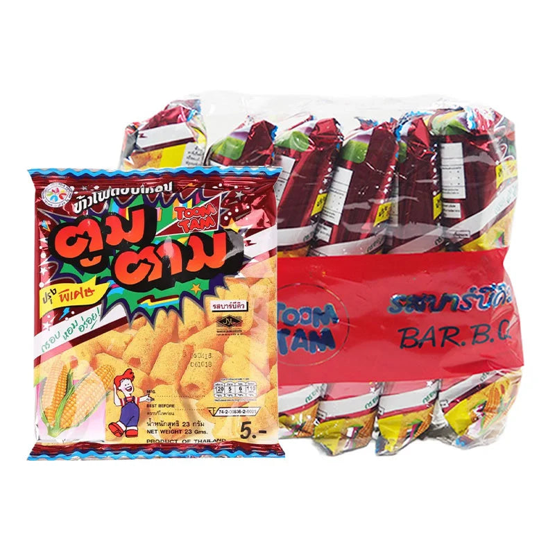 TOOMTAM BBQ Corn Extrude Snack 23g package, showing colorful bag with images of crispy corn snacks and BBQ flavor branding.