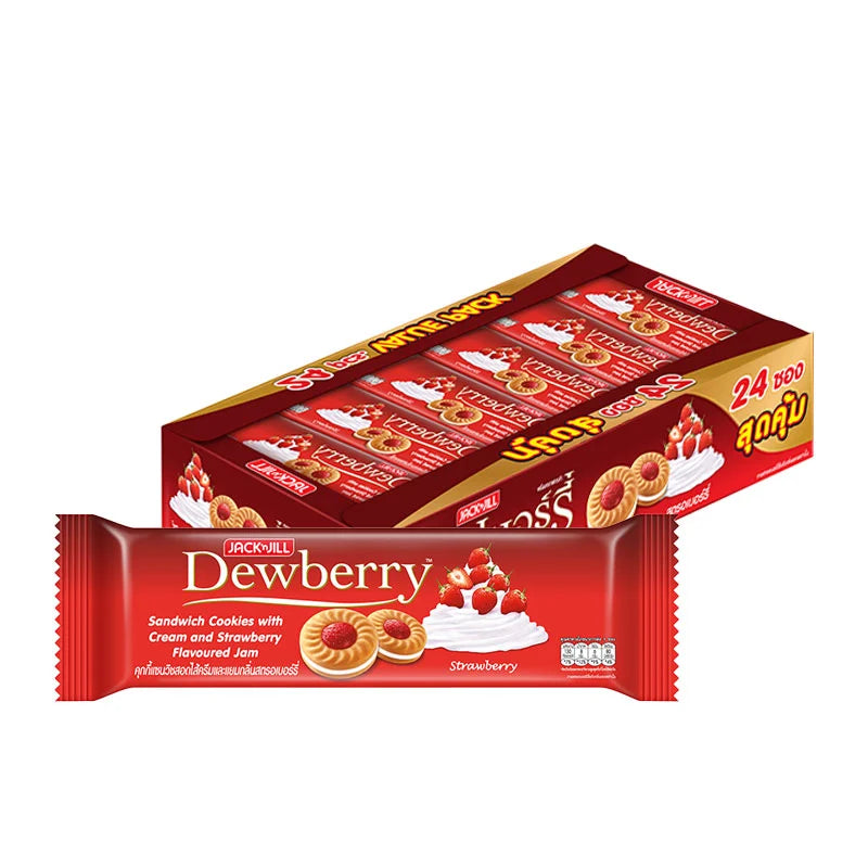 DEWBERRY Strawberry Cookies 27g pack with 24 individually wrapped cookies, featuring a strawberry flavor and crispy texture.