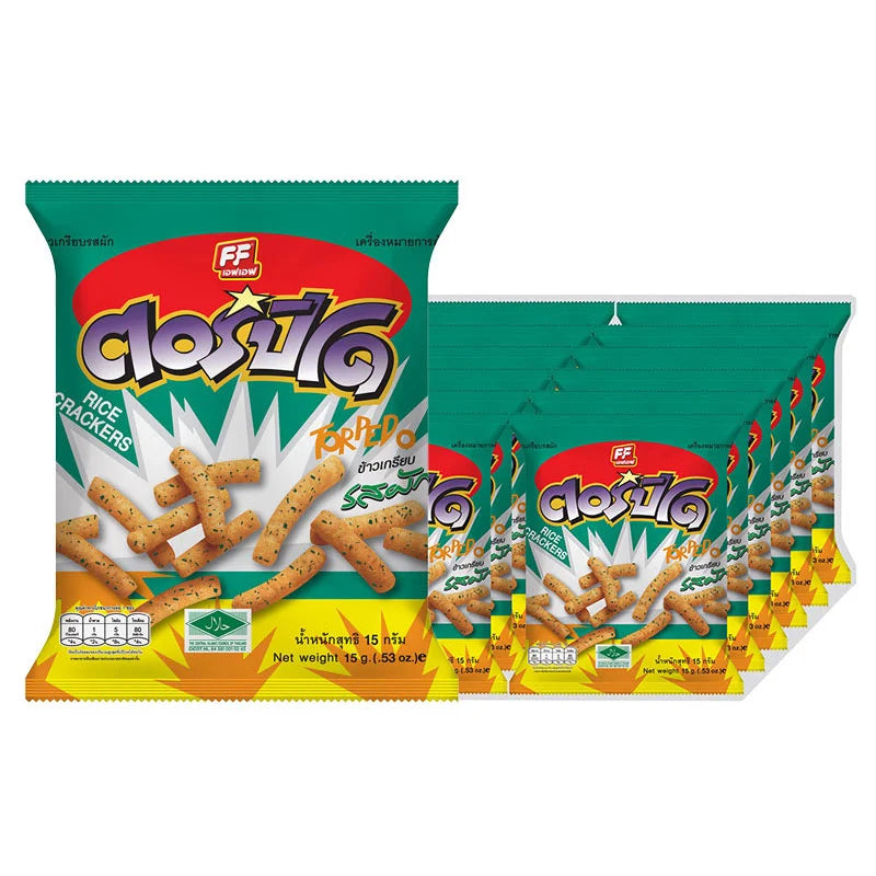 FF Torpedo Crispy Vegetable Chips, 15g pack, showcasing golden, crunchy vegetable snacks in a colorful, appetizing display.