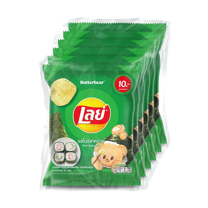 Lay's Classic Potato Chips with Nori Seaweed flavor, 25g packet, showing crispy chips with seaweed seasoning on the surface.