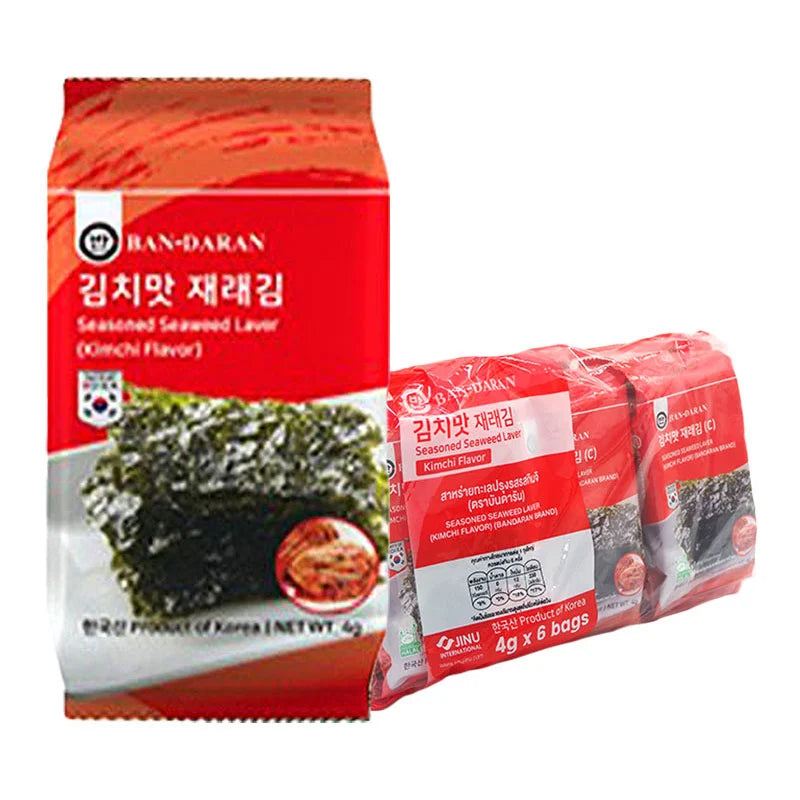 BANDARAN seasoned seaweed kimchi flavor snack sachets, 4g each, with colorful packaging and seaweed and kimchi illustrations