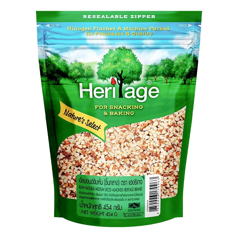 Heritage Almond Dice 454g package showing sliced, roasted almonds with a golden-brown appearance and textured surface.