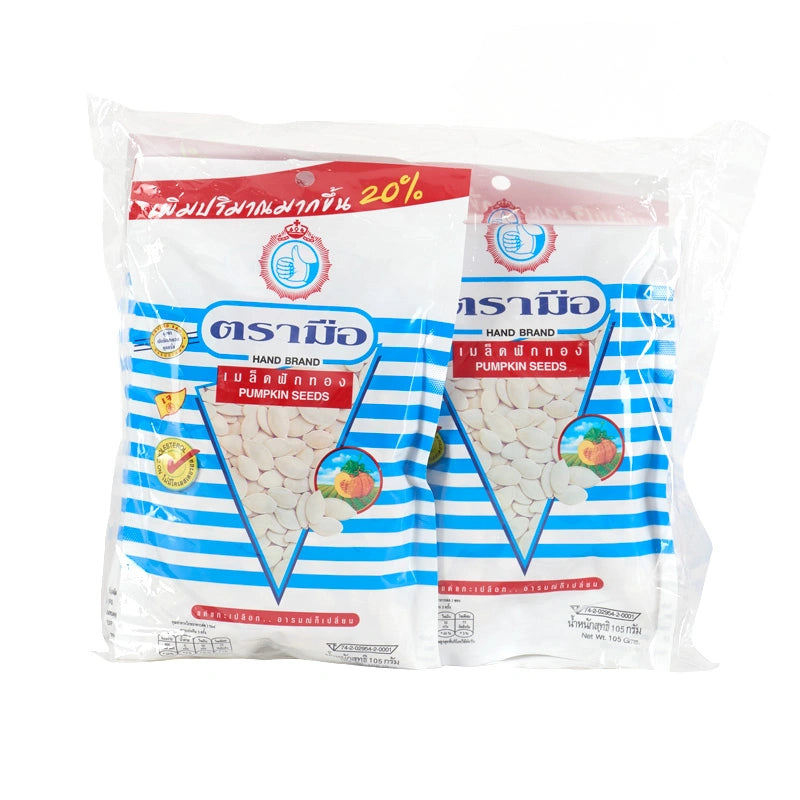 NO.1 HAND BRAND pumpkin seed pack, 105g x 4 bags, showing fresh roasted pumpkin seeds in resealable packaging.
