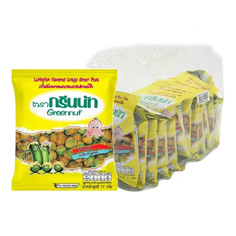 GREENNUT Crispy Green Peas Squid snack in 17g packs, showing the colorful packaging with green peas and squid illustrations.