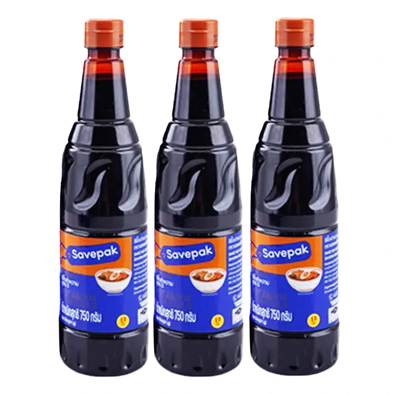SAVEPAK Dark Soy Sauce Formula 5 bottle, 750g each, with three bottles shown, featuring dark soy sauce labels and packaging