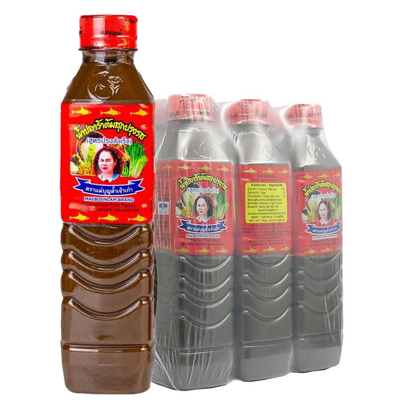 Six 400ml bottles of MAEBOONLAM fermented beverage with labels showing traditional design and product information.