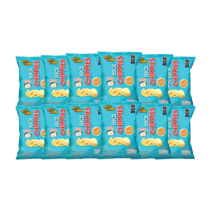 RISE BUDDY Crispy Rice Chips Sour Cream and Onion flavor, healthy halal snack, pack of 12, crunchy rice snack for snacking.