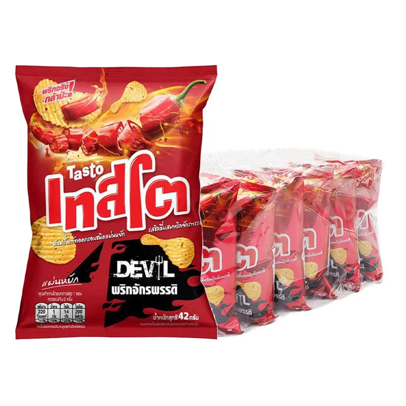 TASTO Devil Potato Rock Chips Chili Emperor 42g pack with spicy chili-flavored potato chips in a colorful bag.