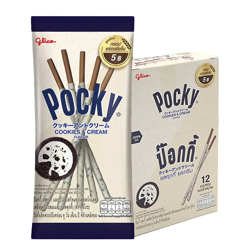 Pocky Cookies & Cream biscuit sticks in 11g sachets, showing packaged snack sticks with creamy cookies flavor.