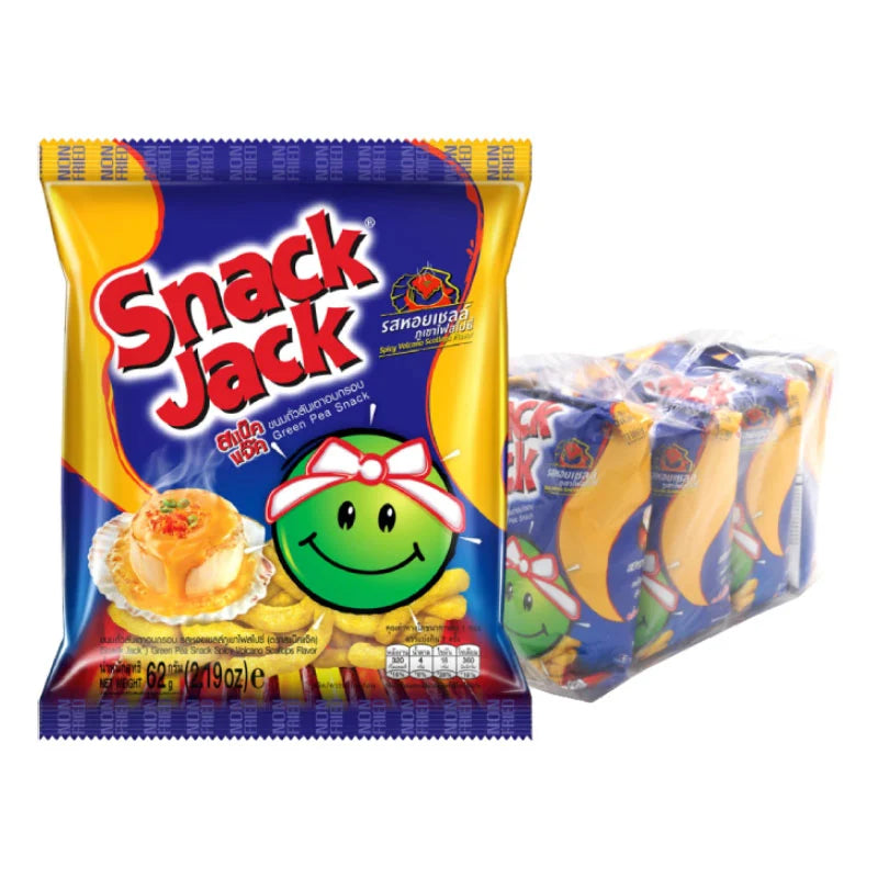 SNACKJACK spicy volcano scallops flavored green pea snack, 62g pack, shown in a colorful snack bag.