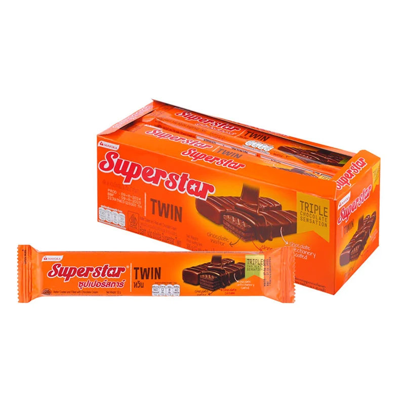Superstar Twin Chocolate Wafer pack with 12 individually wrapped 25g wafers, showing the chocolate-covered wafer layers.