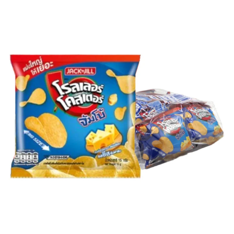 Roller Coaster Flat Chips Jumbo Cheese snack bag, 15g x 12, with colorful cheese-flavored chips visible in the image.