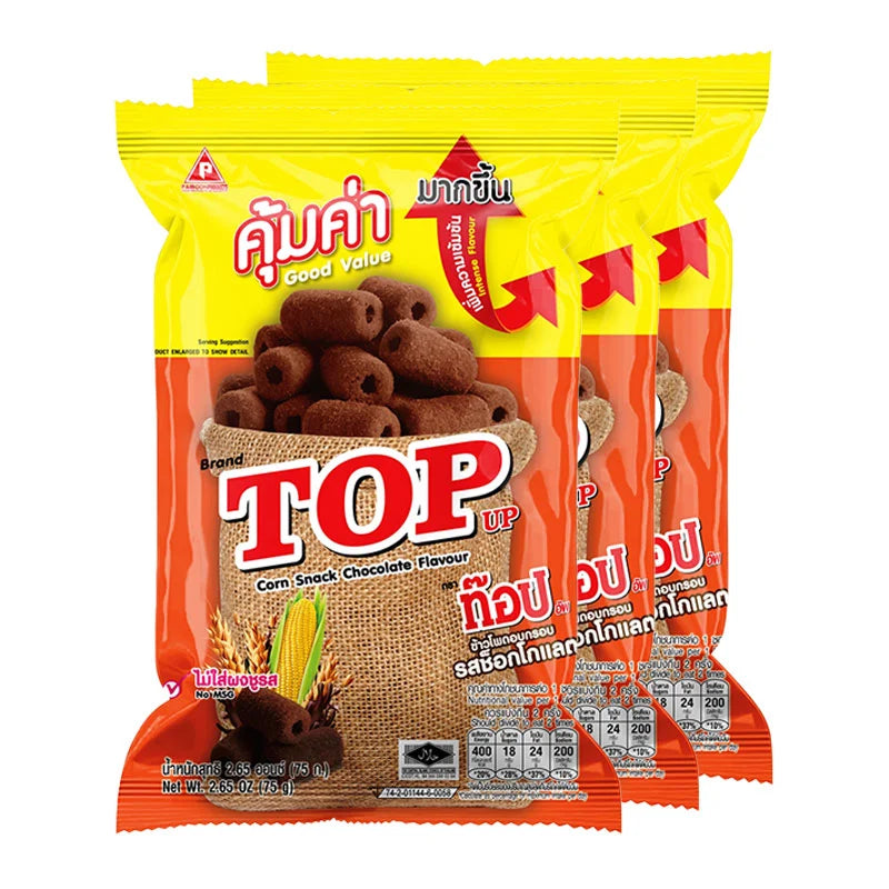 Top Up Corn Snack Chocolate 75g pack, featuring crispy corn snack coated in chocolate, displayed in colorful packaging.