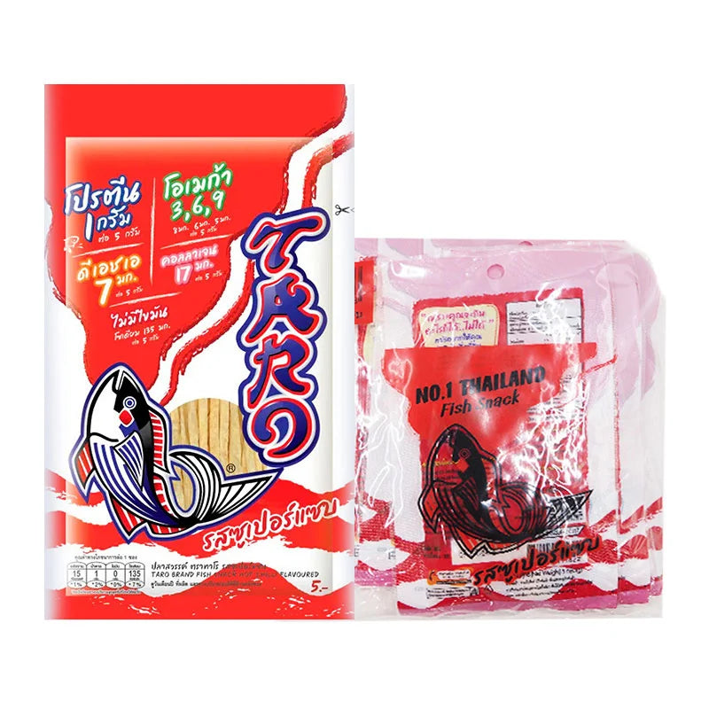 TARO Hot Chili Flavored Fish Snack 5g pack with vibrant packaging featuring spicy chili and fish illustrations.