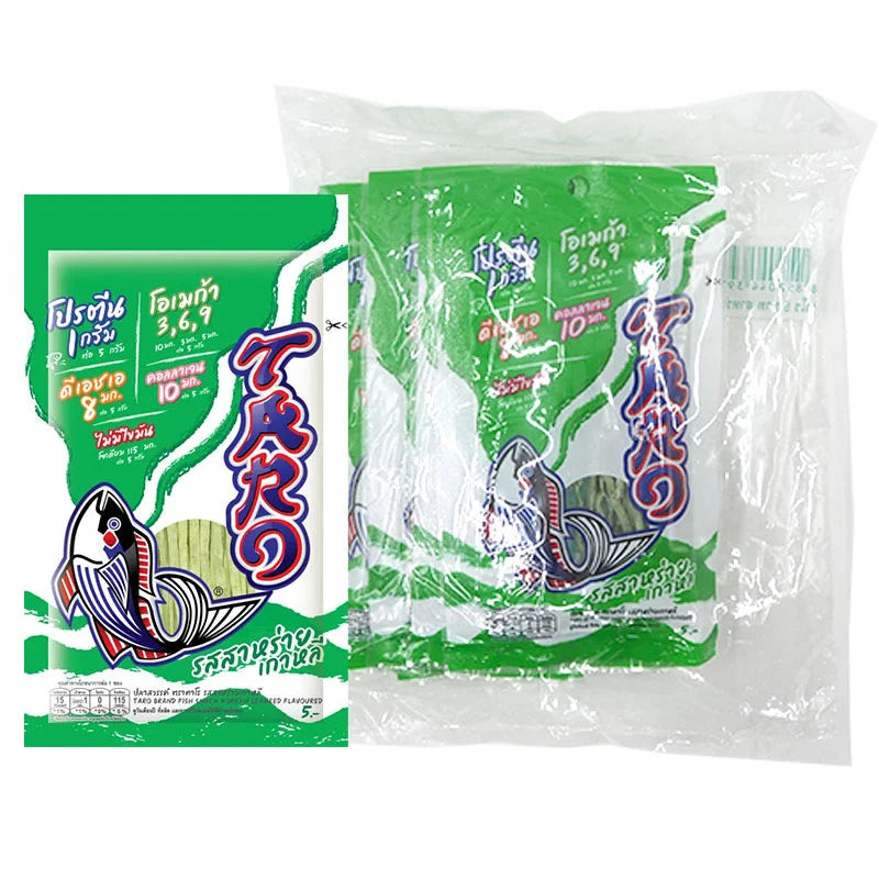 TARO Fish Snack Korean seaweed-flavored, 5g packs, displayed in a row, featuring crispy fish-shaped snacks from TARO.