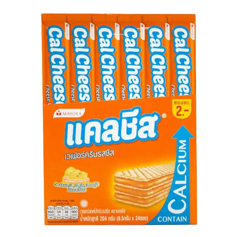 CALCHEESE wafer with cheese cream filling, 8.5g each, 24 pieces, showing golden wafers with creamy cheese filling inside.