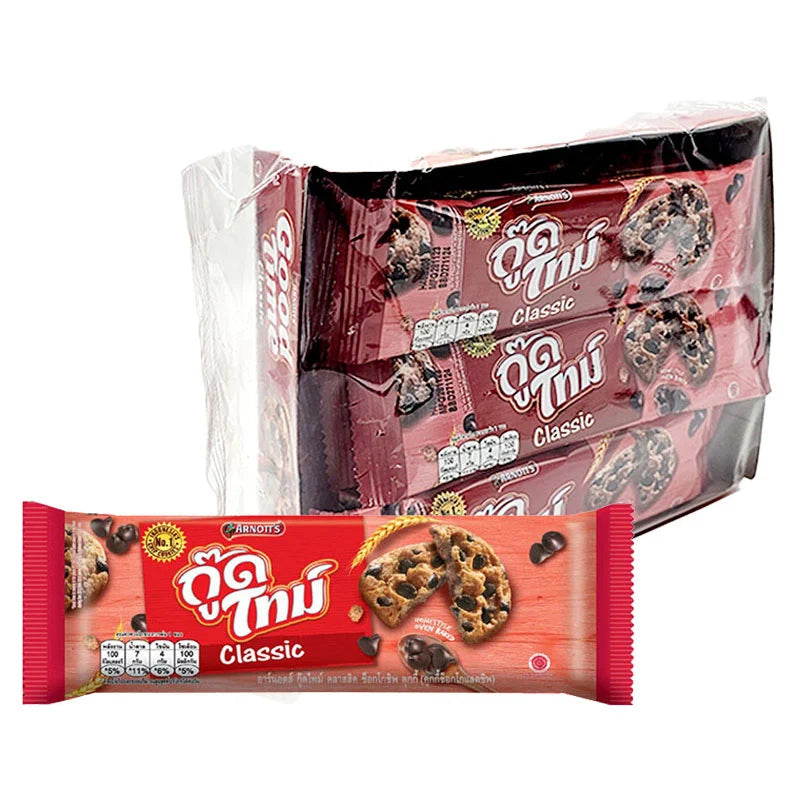 ARNOTT'S Classic Chocolate Chip Cookies 22.7g pack, showing individually wrapped cookies with chocolate chips on the surface.